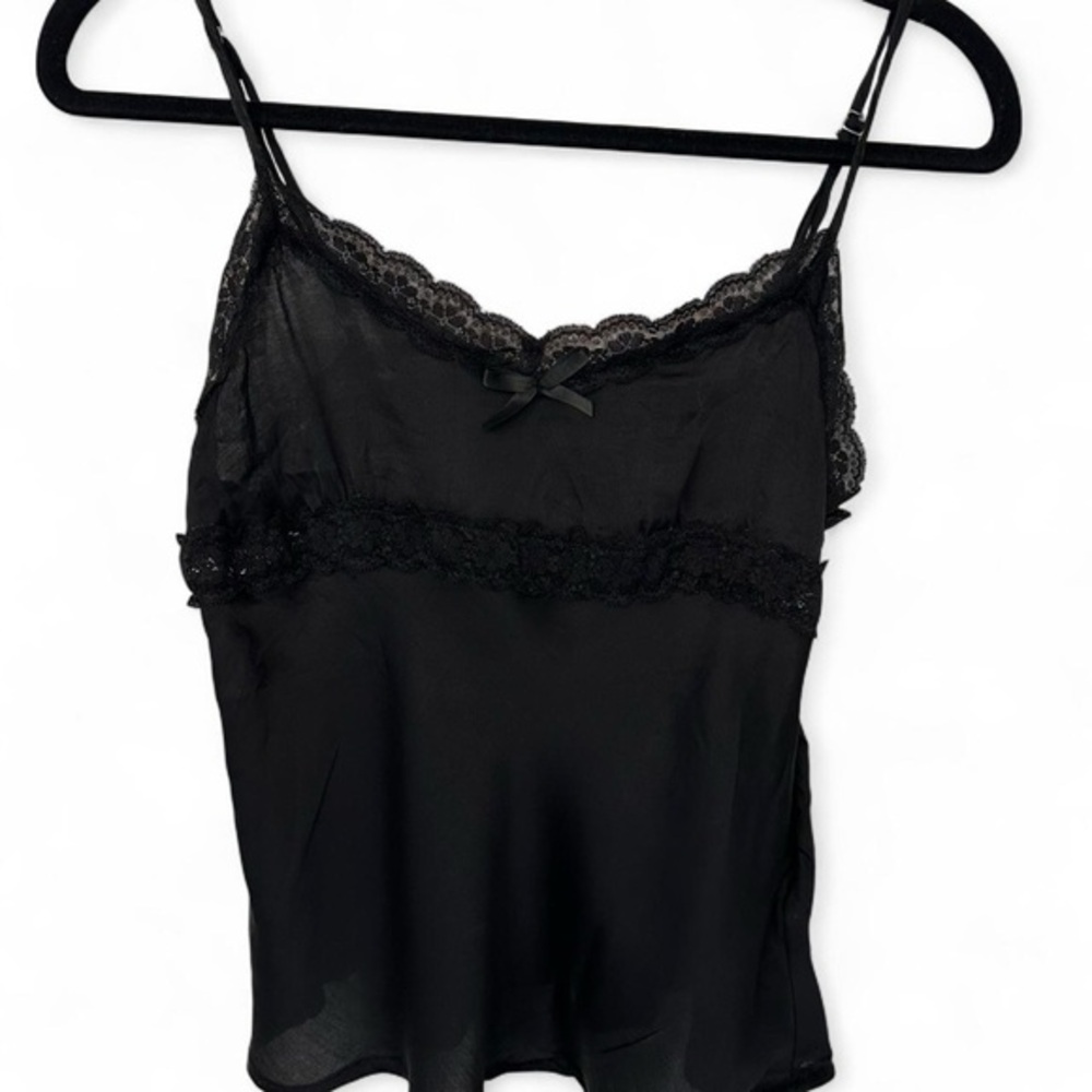 Black satin cami with lace trim and bow details, Forever 21, size small